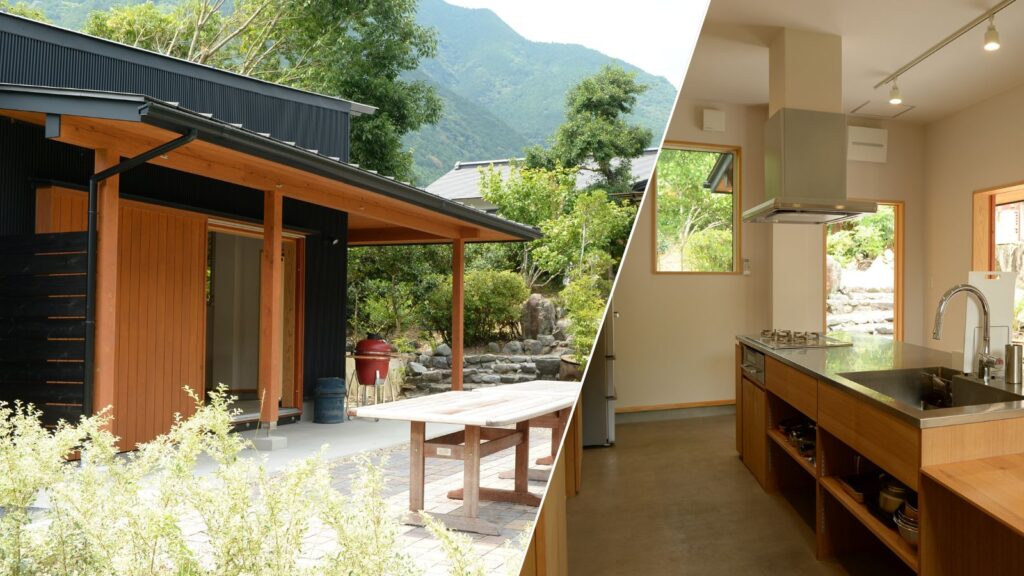 レンタルで使用可能なプライベートBBQができるBBQ施設とフルキッチンの様子。