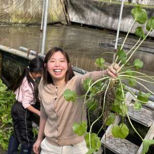 わさび収穫体験で大きなわさびを採った女性